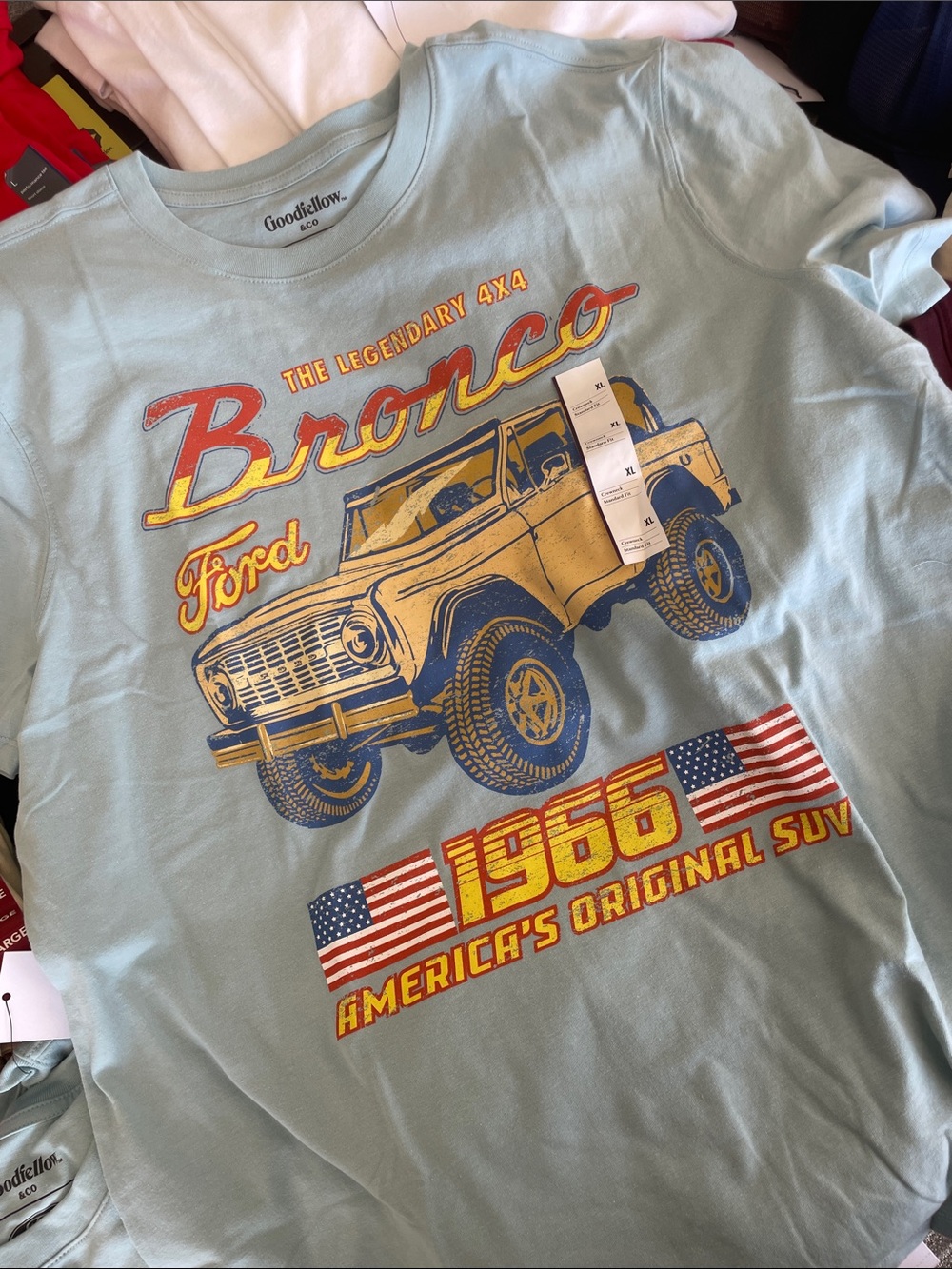 Goodfellow & Co Light Blue Ford Bronco Graphic Tee with Yellow & Navy Print